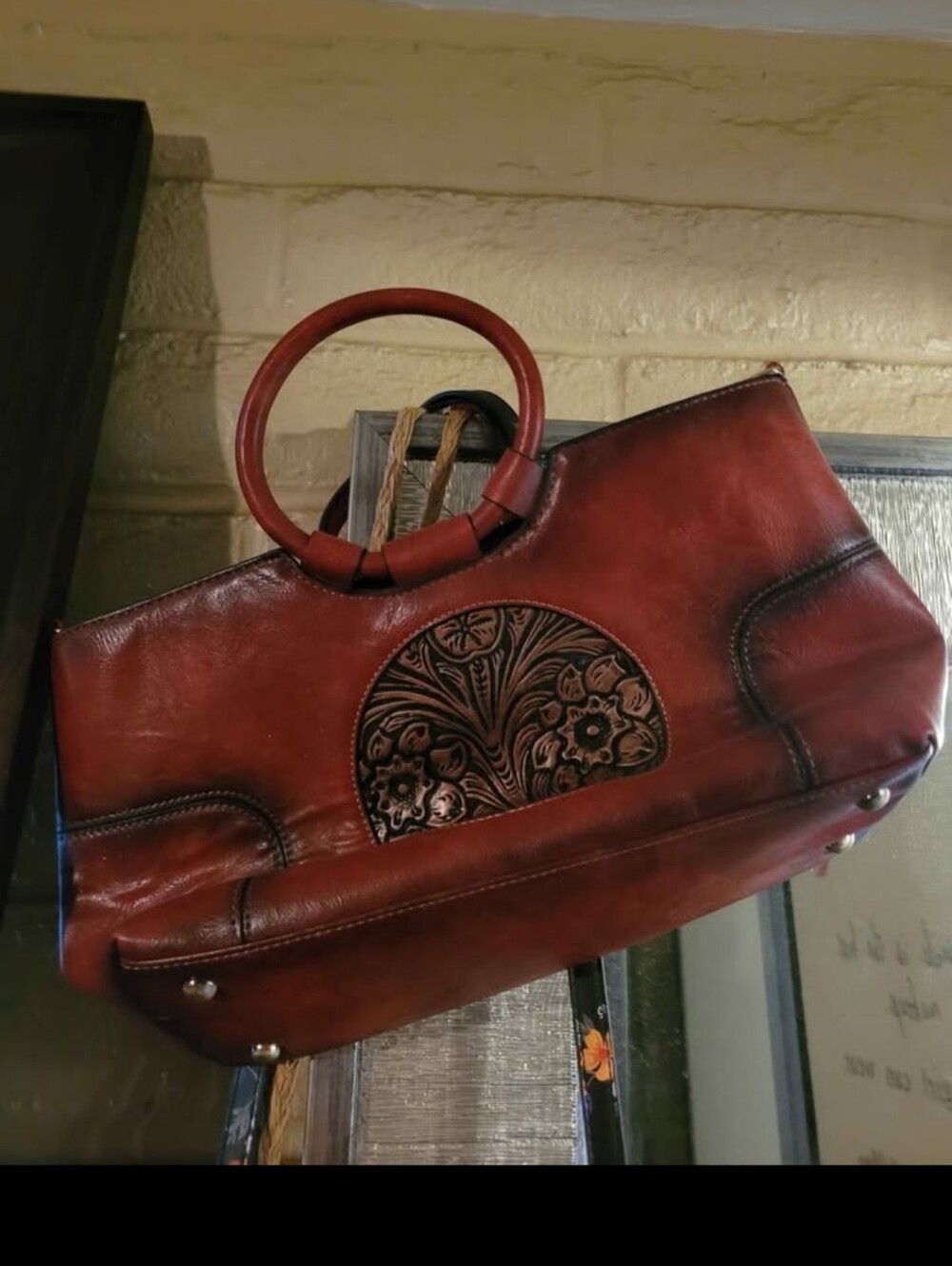 Women's Red Leather Handbag with Floral Embossed Accent